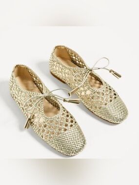 Zara Metallic Gold Women's Woven Lace-Up Flats